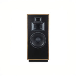 Black speaker with wood finish on white background.