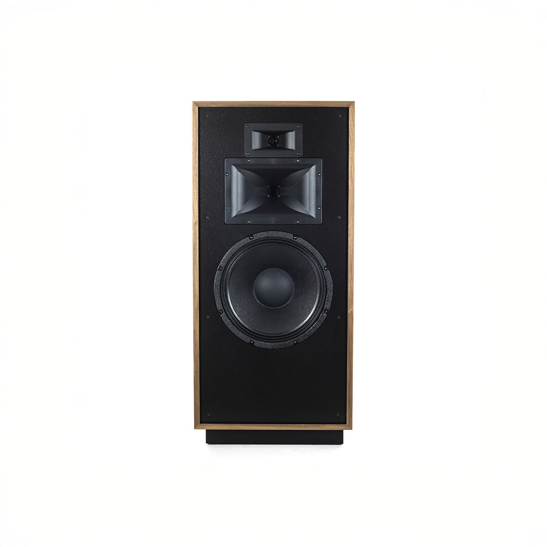Black speaker with wood finish on white background.