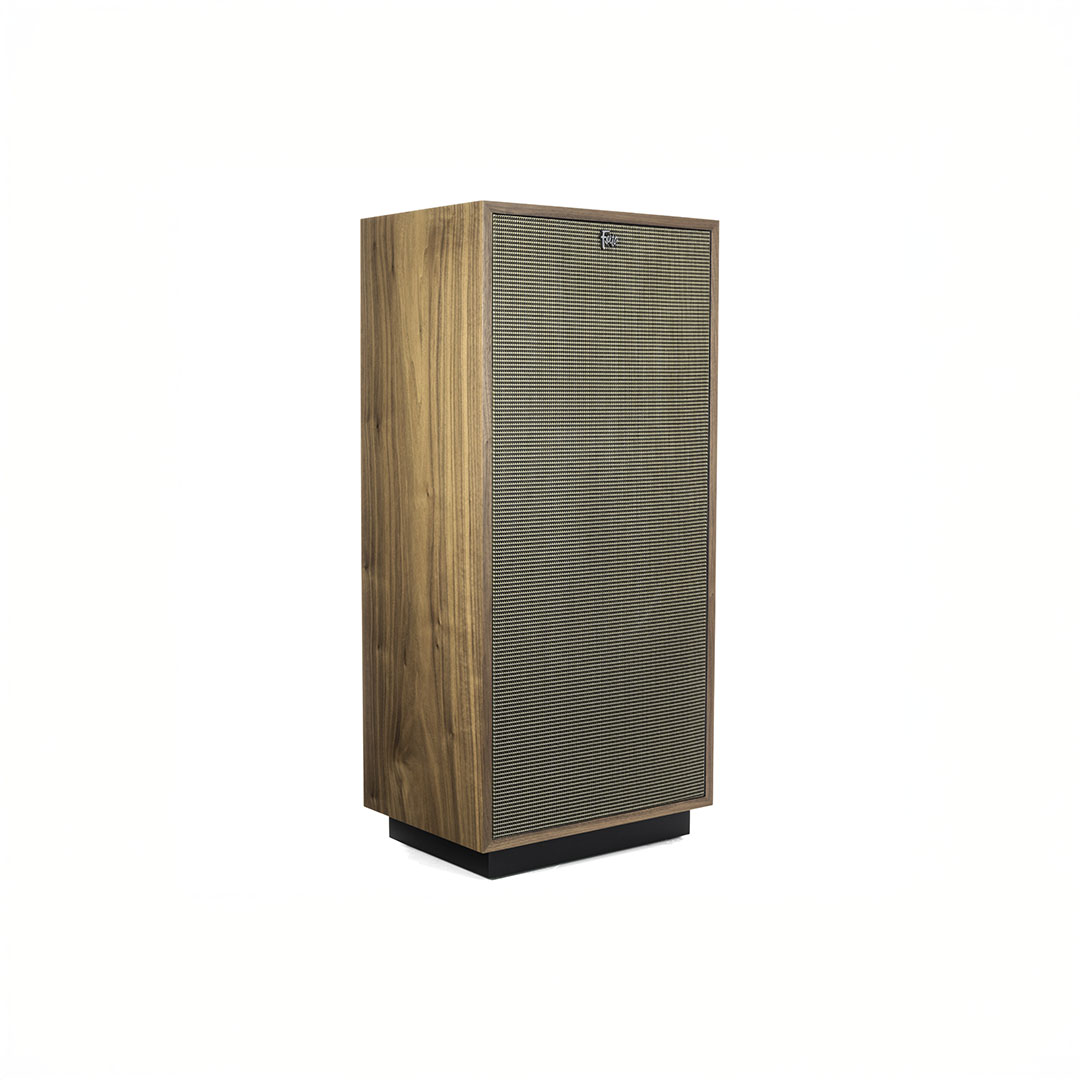 Wooden floor-standing speaker against white background.