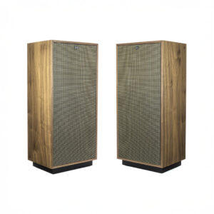 Pair of vintage wooden speakers with grille covers.