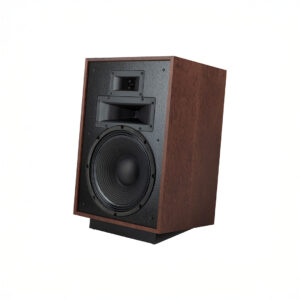 Wooden speaker with black grille and woofer.