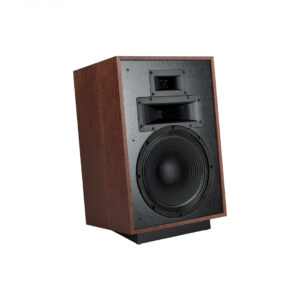 Wooden speaker with black woofer and tweeter.