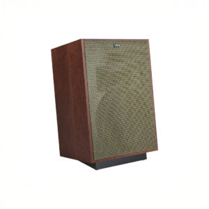 Vintage wooden speaker with mesh front view.