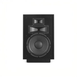 Black speaker with two woofers and horn tweeter.