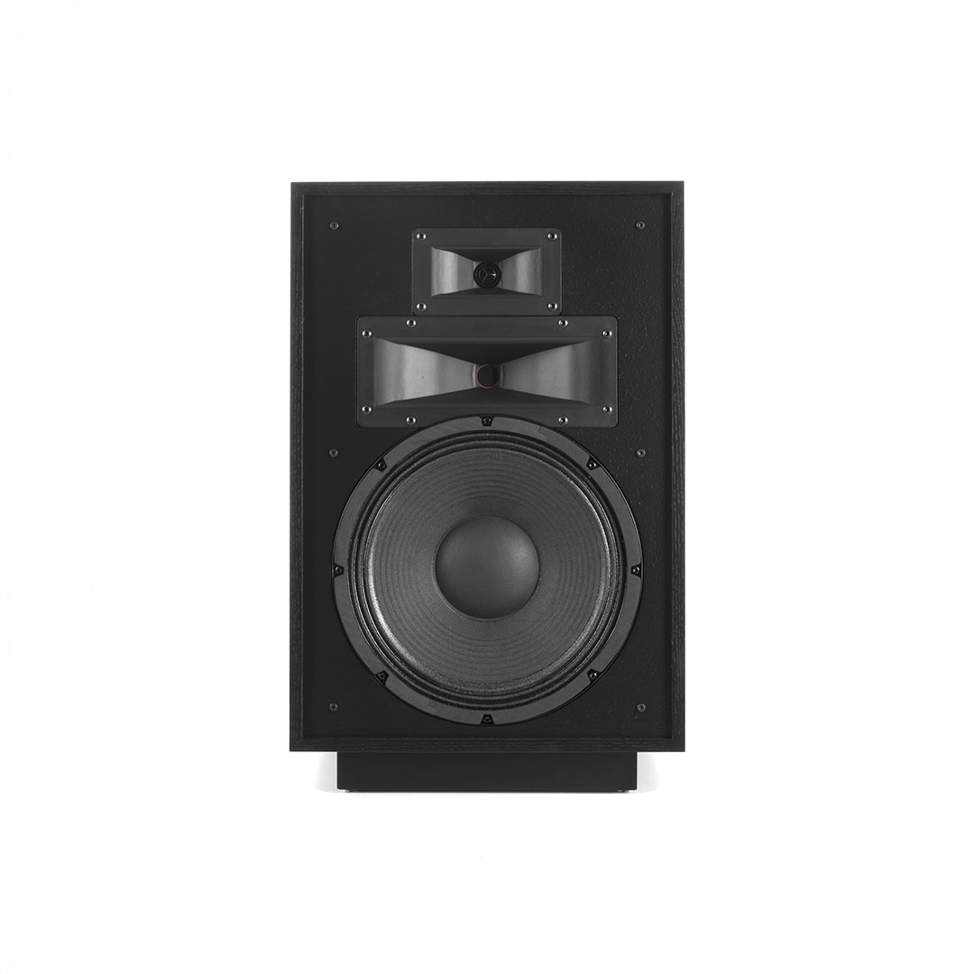 Black speaker with two woofers and horn tweeter.
