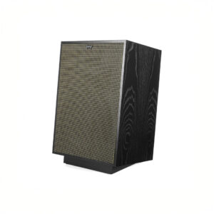 Black wood speaker with beige grille.