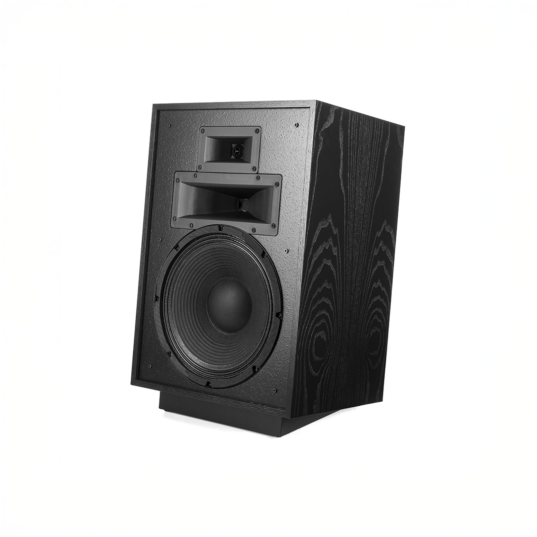 Black wooden loudspeaker with large woofer and tweeter.