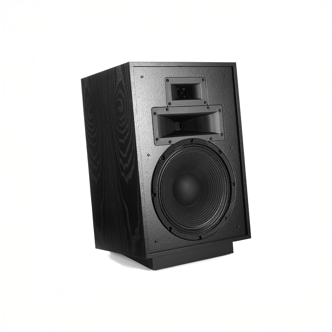 Black floor-standing speaker with large woofer
