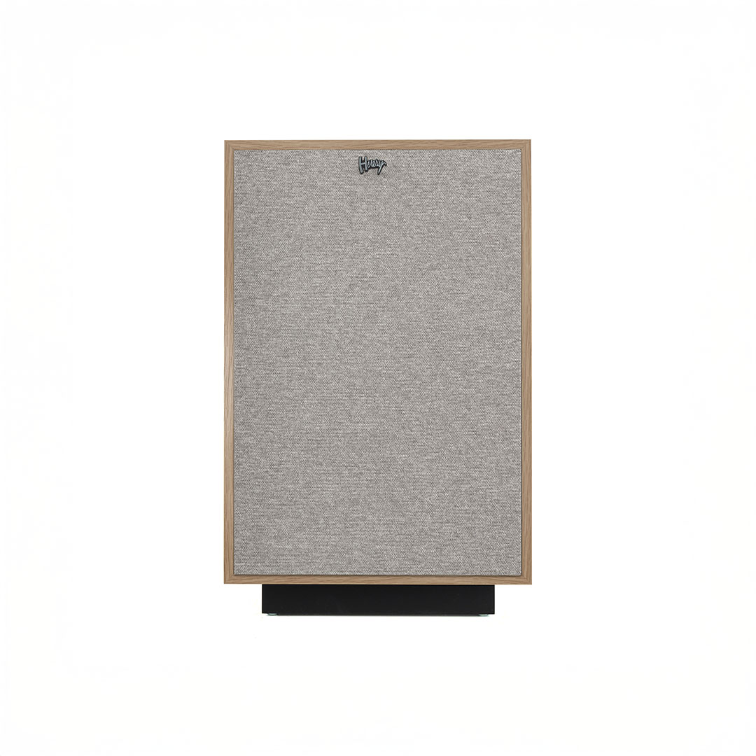 Modern gray fabric-finish speaker with wooden frame