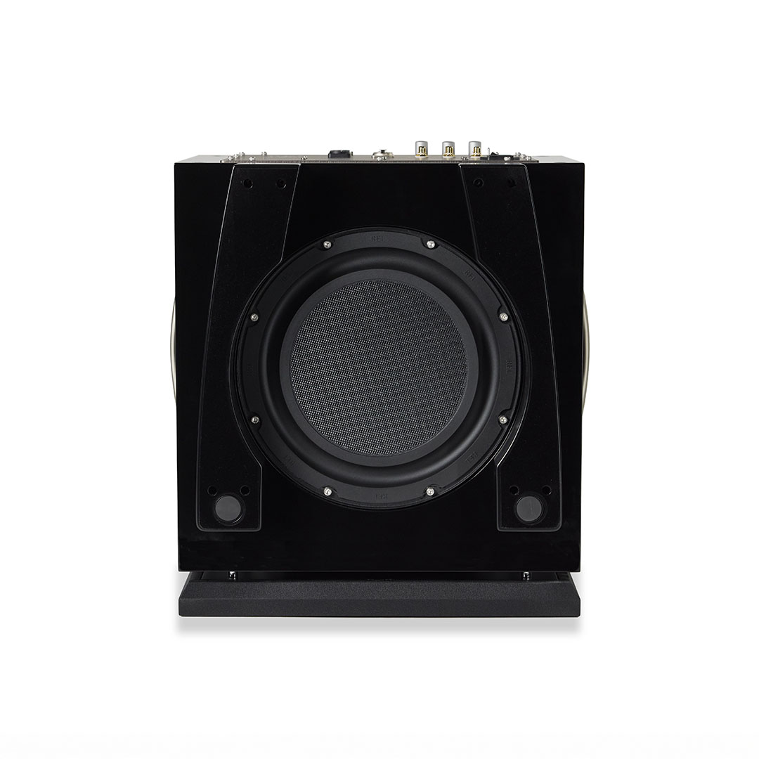 Black subwoofer speaker with front-facing driver