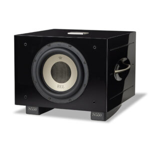 Black REL subwoofer speaker in a cube design