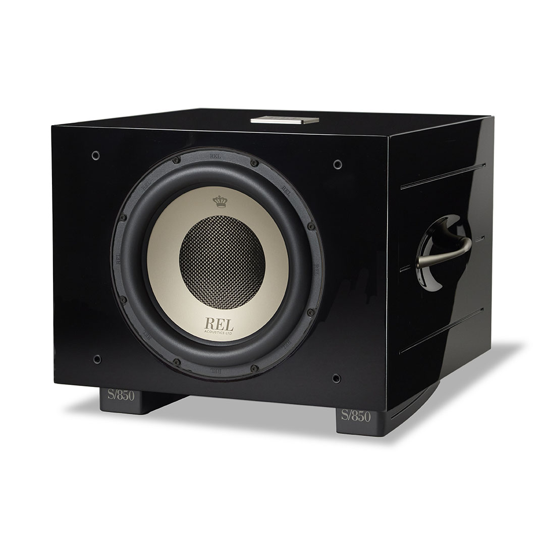 Black REL subwoofer speaker, model S/850.