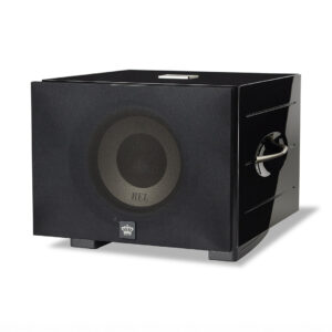 Black REL subwoofer with crown logo