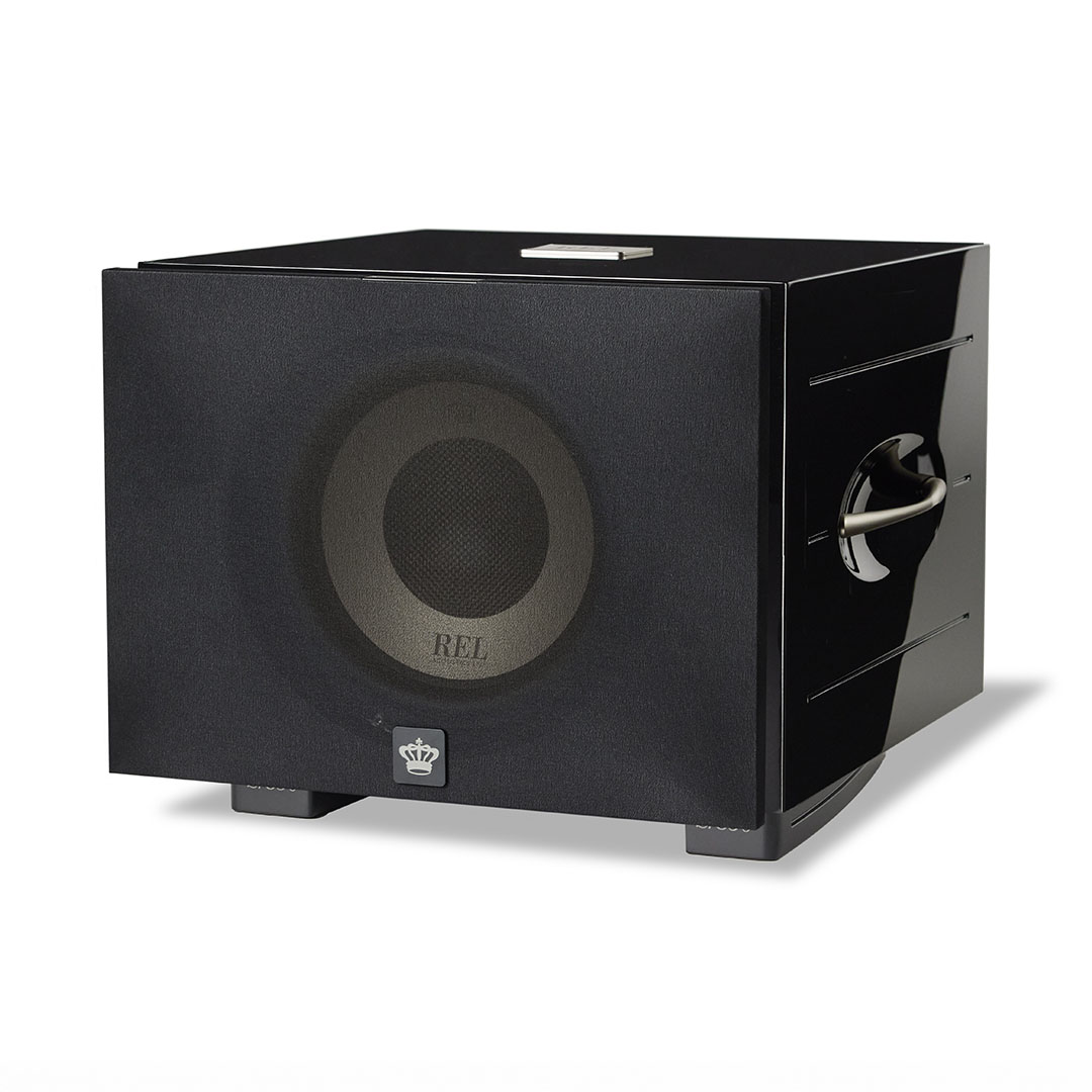 Black REL subwoofer with crown logo