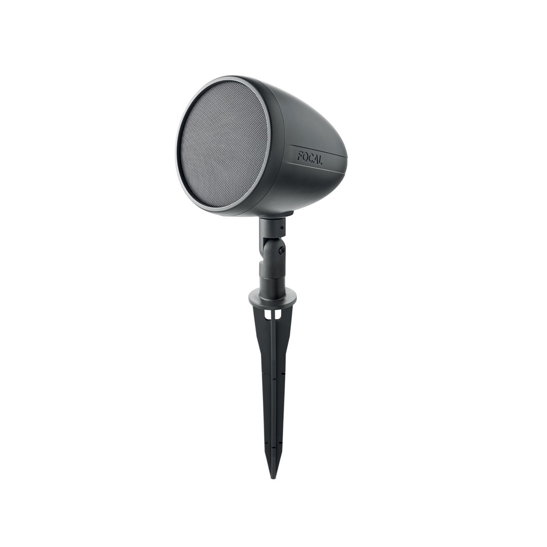 Focal Littora OD Sat 5 garden speaker in dark finish on a ground spike