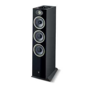 Focal Theva N°3-D floorstanding speaker in Black High Gloss showing the upward-firing driver