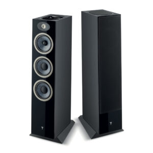 Pair of Focal Theva N°3-D floorstanding speakers in Black High Gloss, one with grille