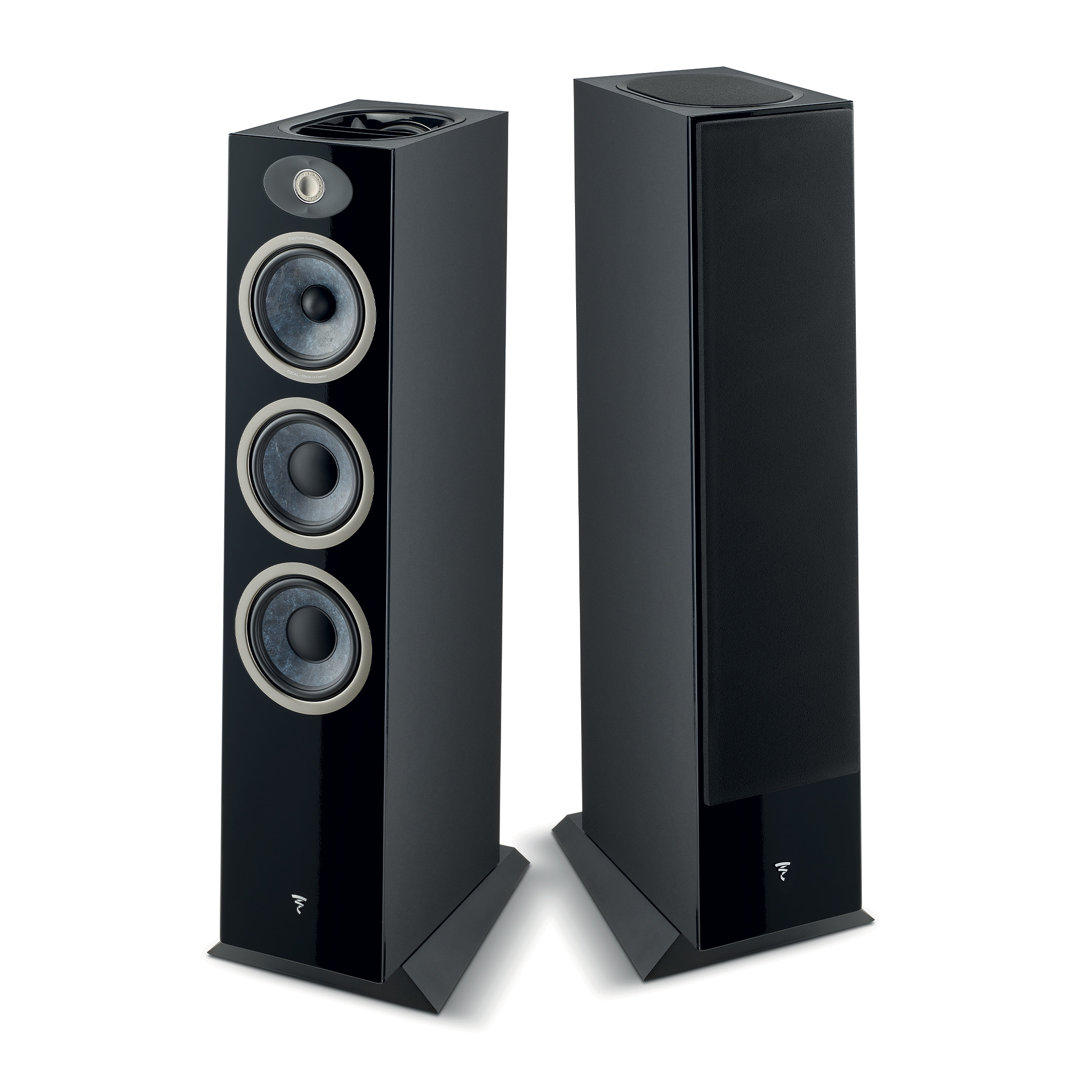 Pair of Focal Theva N°3-D floorstanding speakers in Black High Gloss, one with grille