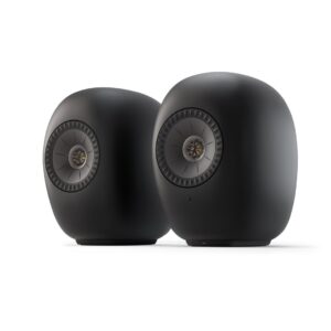 kef-ls-luxe-eclipse-black-product-image-1 KEF LS LUXE wireless speakers in Eclipse Black, pair on stands, front view