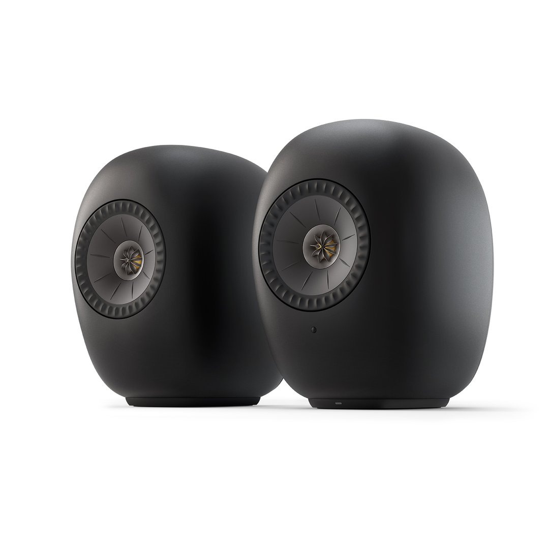 KEF LS LUXE wireless speakers in Eclipse Black, pair on stands, front view