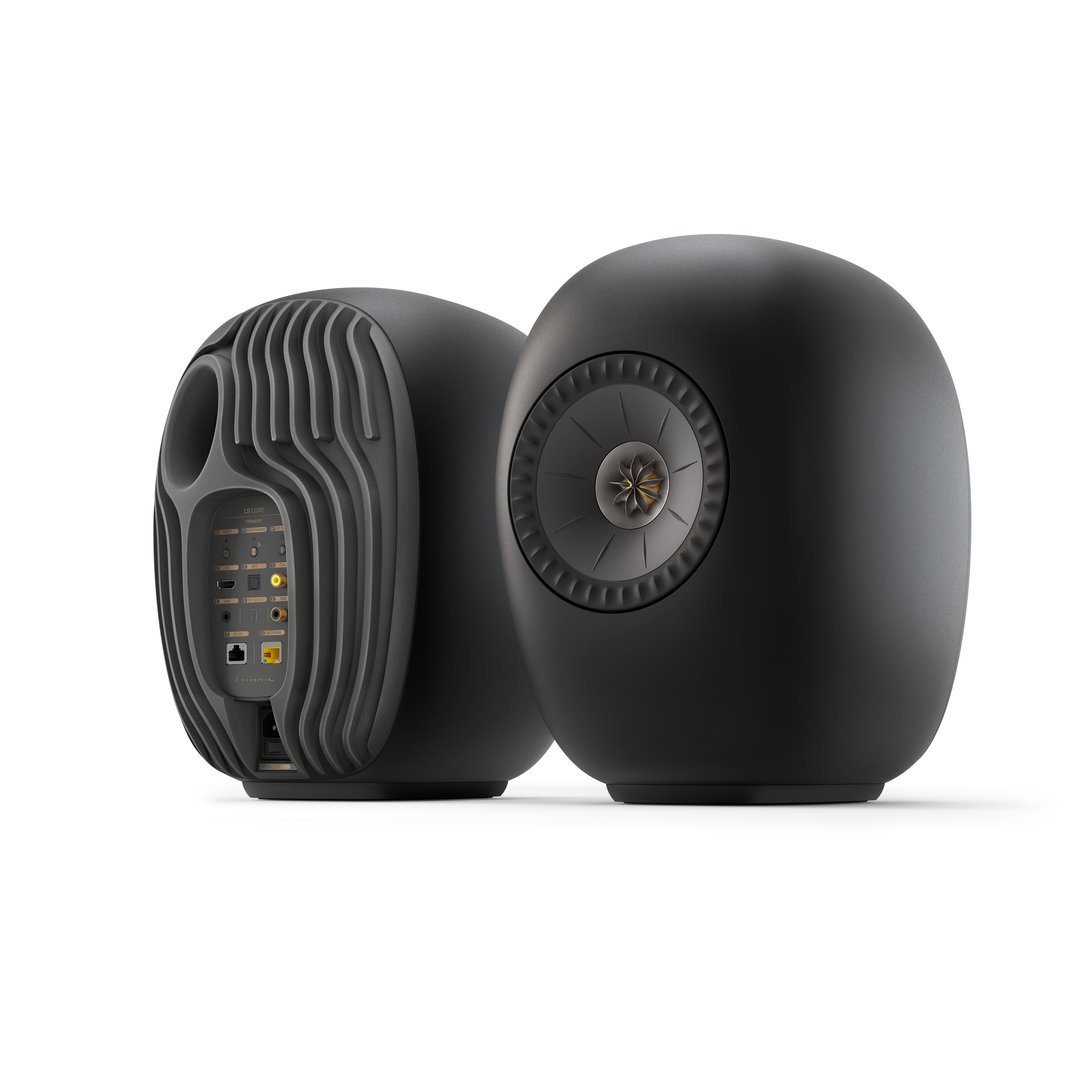 kef-ls-luxe-eclipse-black-product-image-2 KEF LS LUXE wireless speakers in Eclipse Black, front and rear view of the pair
