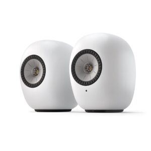 KEF LS LUXE wireless speakers in Mineral White, pair on stands, front view