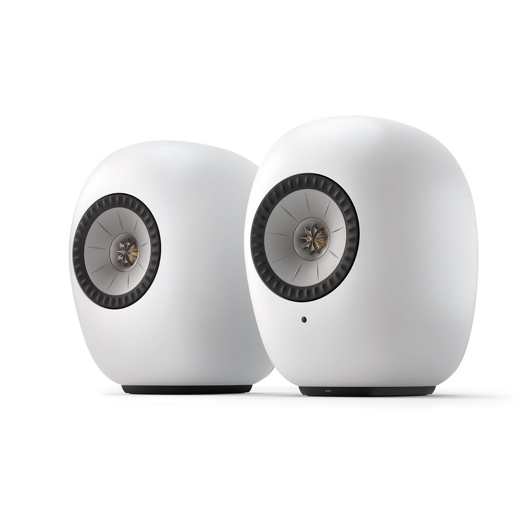 KEF LS LUXE wireless speakers in Mineral White, pair on stands, front view