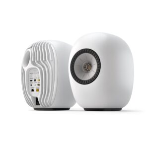KEF LS LUXE wireless speakers in Mineral White, front and rear view of the pair