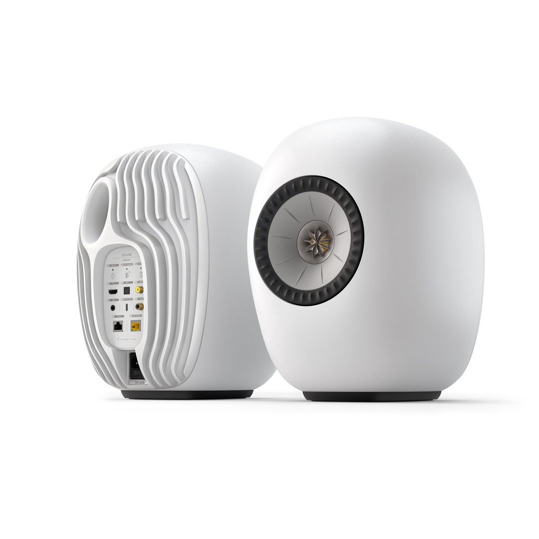 KEF LS LUXE wireless speakers in Mineral White, front and rear view of the pair