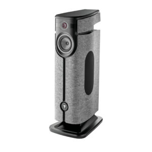 Modern floor-standing speaker with gray fabric finish