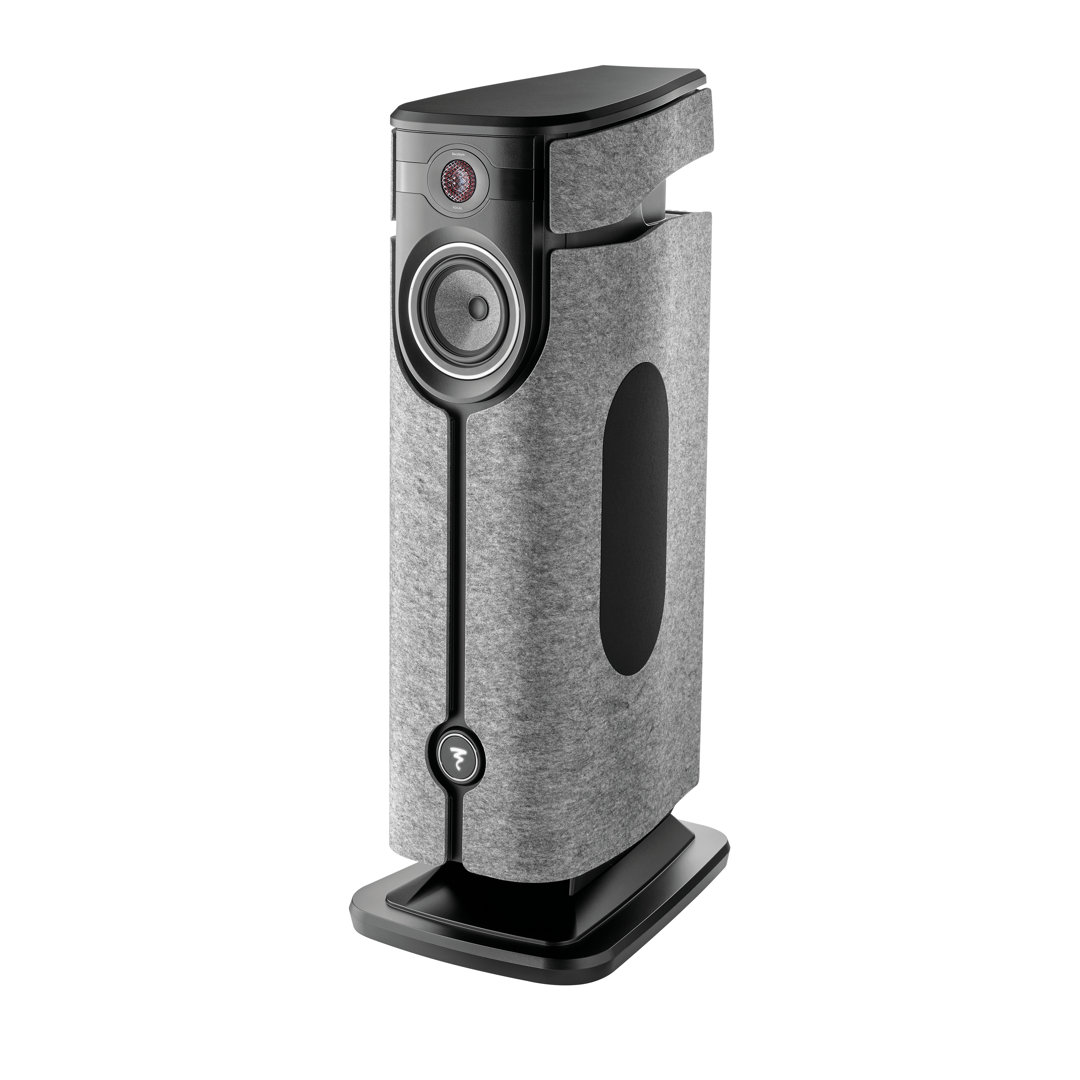 Modern floor-standing speaker with gray fabric finish