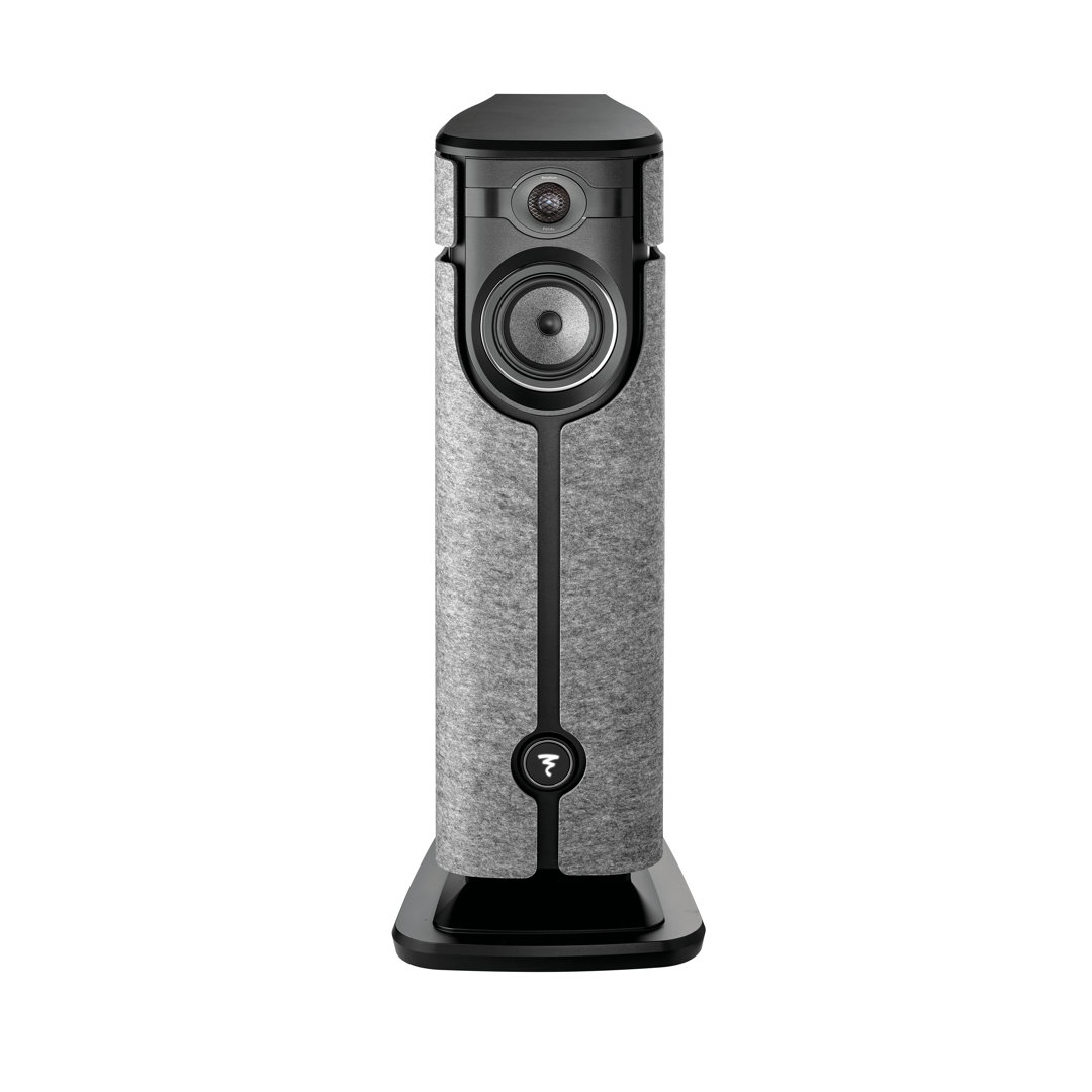 Modern floor-standing speaker with gray fabric finish