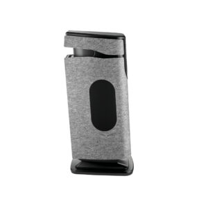 Modern gray fabric-covered air purifier on black base