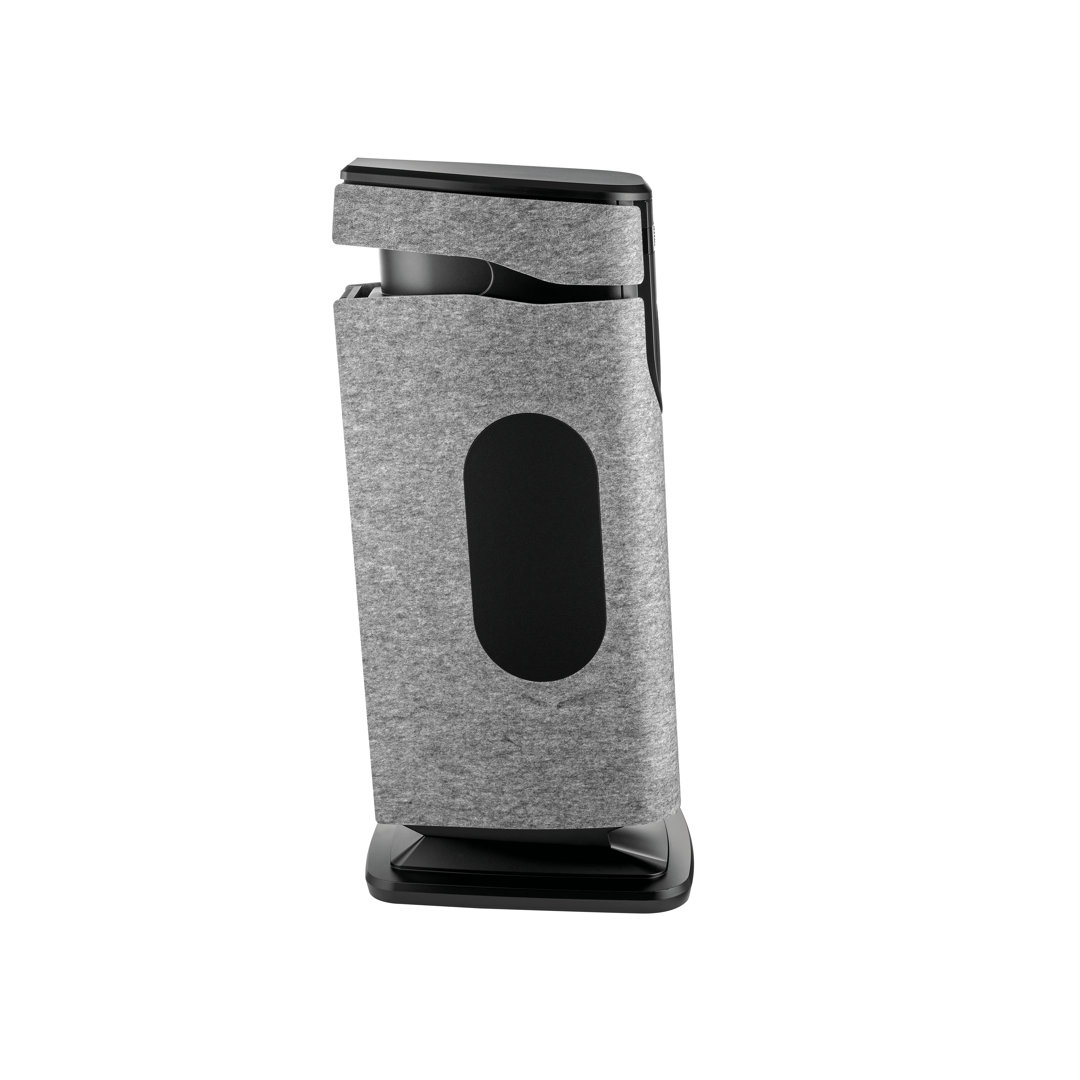 Modern gray fabric-covered air purifier on black base