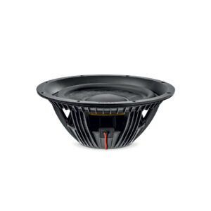 Black subwoofer speaker driver on white background