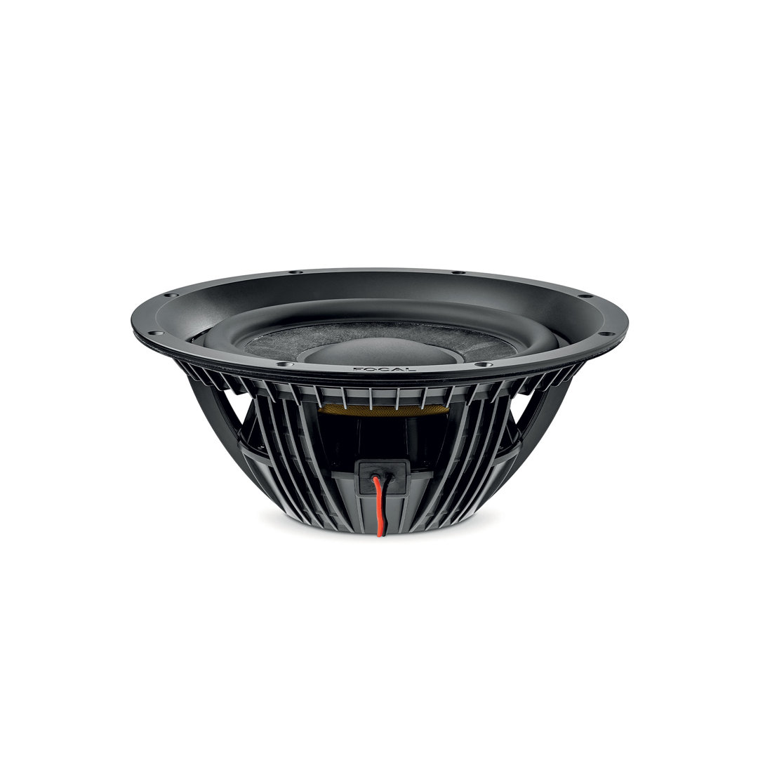 Black subwoofer speaker driver on white background