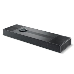 Sleek black soundbar with circular control dial