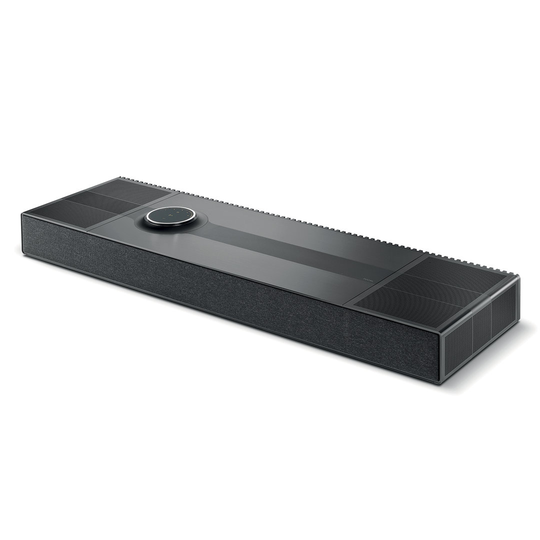 Sleek black soundbar with circular control dial