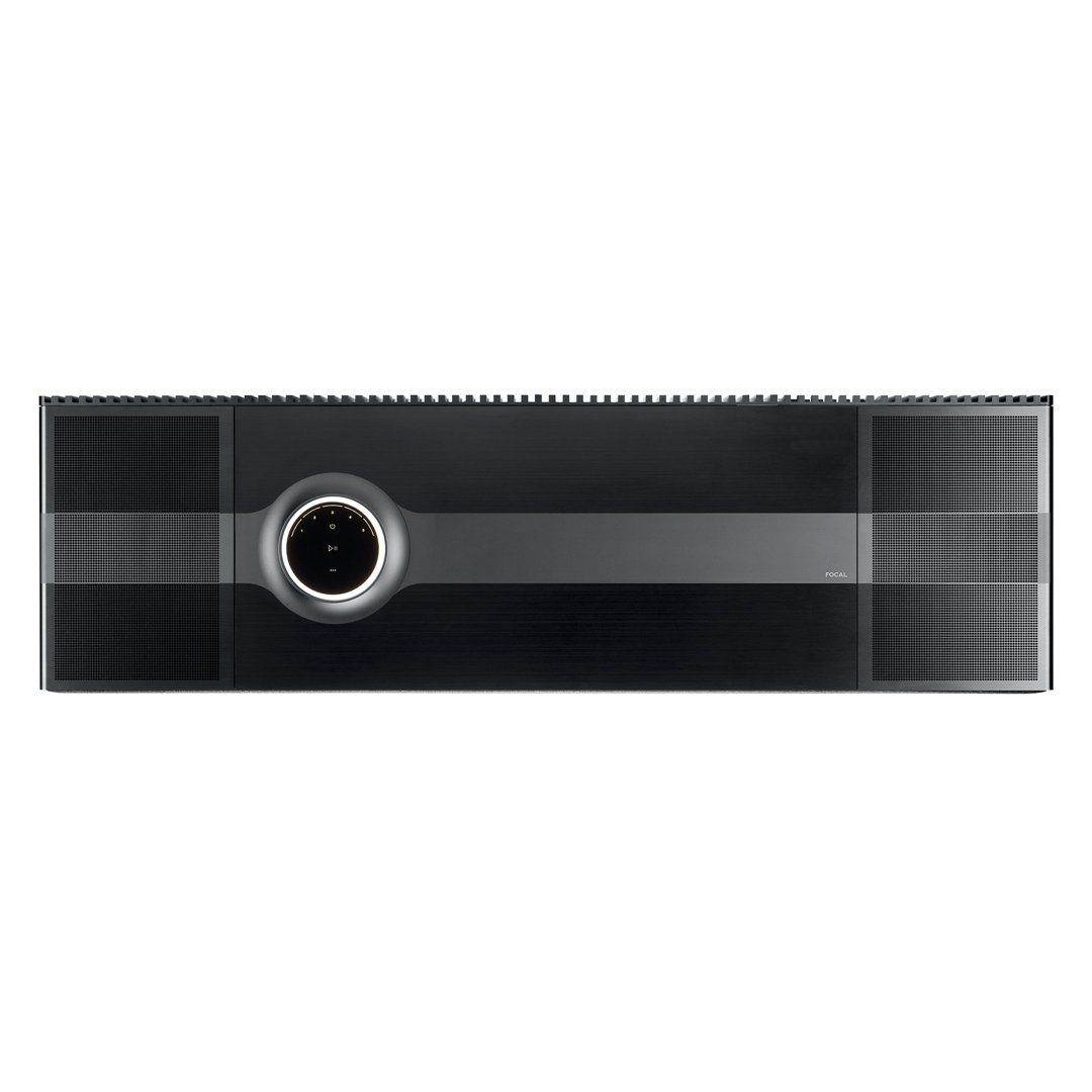 Sleek high-end audio amplifier with central dial display
