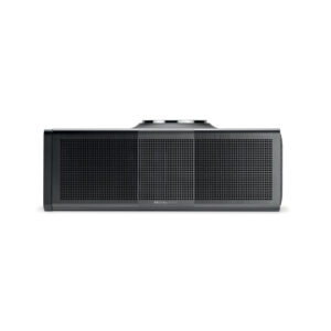 Black Dolby Atmos soundbar speaker on white background