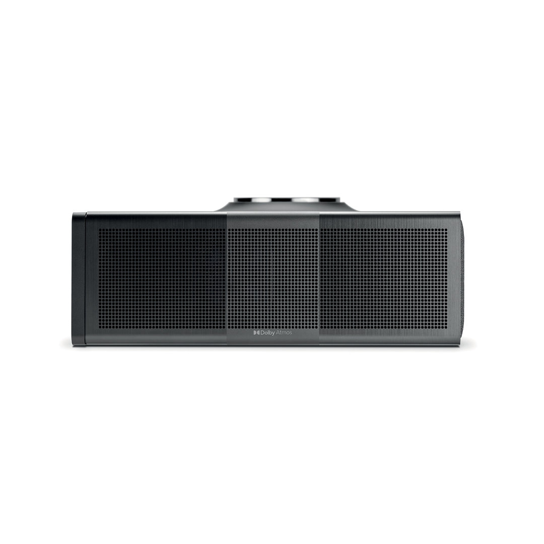 Black Dolby Atmos soundbar speaker on white background