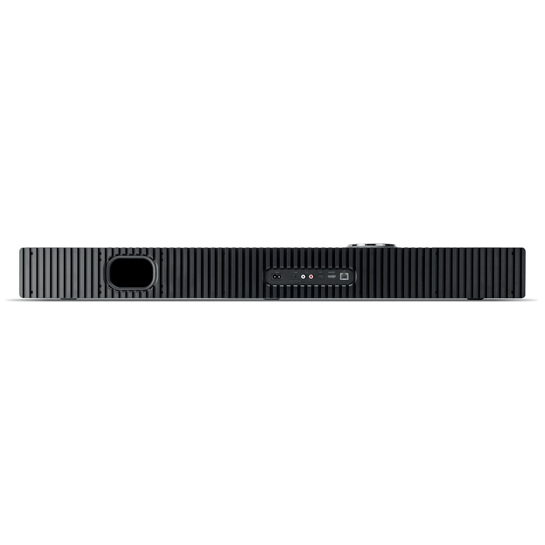 Rear view of black soundbar with ports